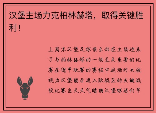 汉堡主场力克柏林赫塔，取得关键胜利！