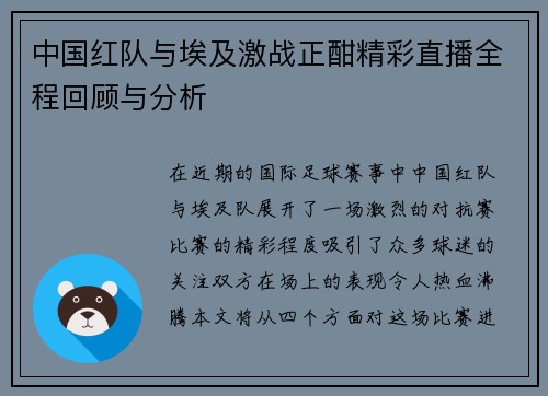 中国红队与埃及激战正酣精彩直播全程回顾与分析