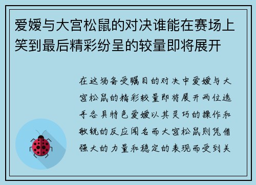 爱嫒与大宫松鼠的对决谁能在赛场上笑到最后精彩纷呈的较量即将展开