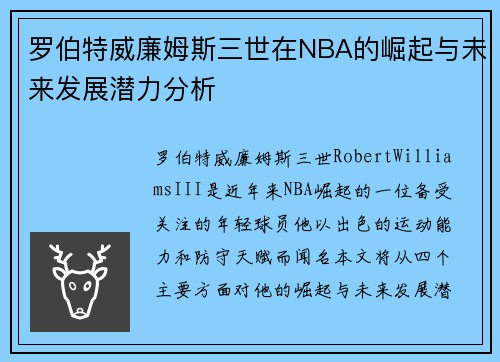 罗伯特威廉姆斯三世在NBA的崛起与未来发展潜力分析