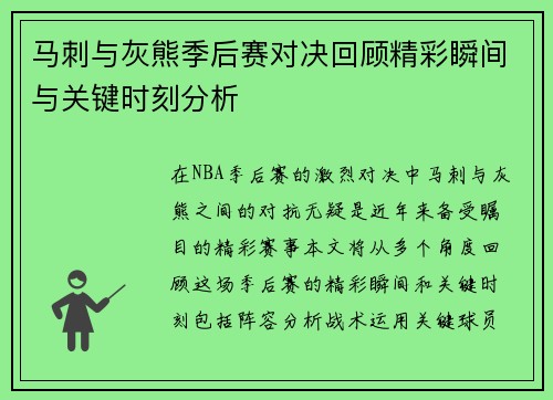 马刺与灰熊季后赛对决回顾精彩瞬间与关键时刻分析