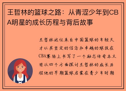 王哲林的篮球之路：从青涩少年到CBA明星的成长历程与背后故事