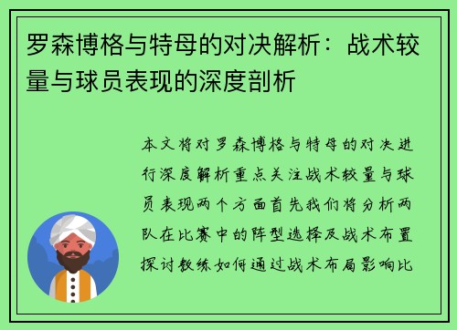 罗森博格与特母的对决解析：战术较量与球员表现的深度剖析