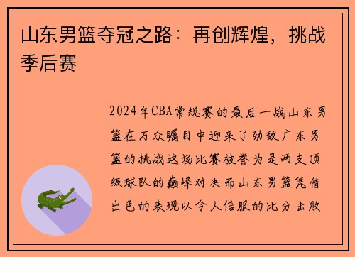 山东男篮夺冠之路：再创辉煌，挑战季后赛