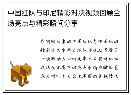中国红队与印尼精彩对决视频回顾全场亮点与精彩瞬间分享