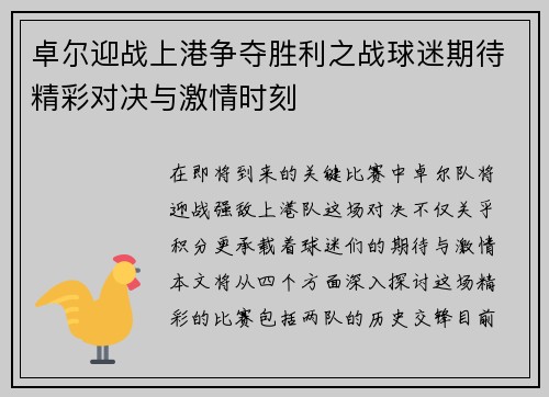 卓尔迎战上港争夺胜利之战球迷期待精彩对决与激情时刻