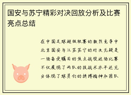 国安与苏宁精彩对决回放分析及比赛亮点总结