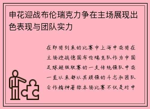 申花迎战布伦瑞克力争在主场展现出色表现与团队实力