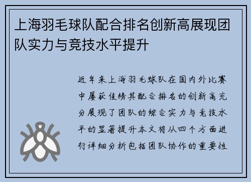 上海羽毛球队配合排名创新高展现团队实力与竞技水平提升