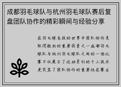 成都羽毛球队与杭州羽毛球队赛后复盘团队协作的精彩瞬间与经验分享