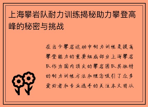 上海攀岩队耐力训练揭秘助力攀登高峰的秘密与挑战