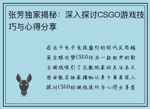 张芳独家揭秘：深入探讨CSGO游戏技巧与心得分享