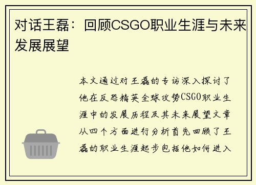 对话王磊：回顾CSGO职业生涯与未来发展展望