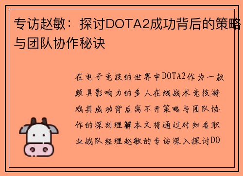 专访赵敏：探讨DOTA2成功背后的策略与团队协作秘诀