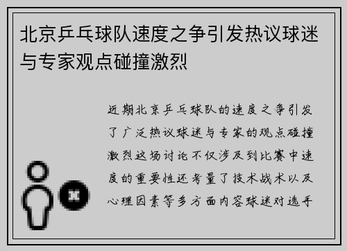 北京乒乓球队速度之争引发热议球迷与专家观点碰撞激烈