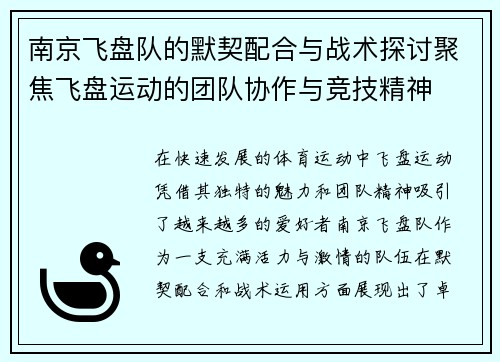 南京飞盘队的默契配合与战术探讨聚焦飞盘运动的团队协作与竞技精神