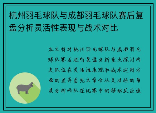 杭州羽毛球队与成都羽毛球队赛后复盘分析灵活性表现与战术对比